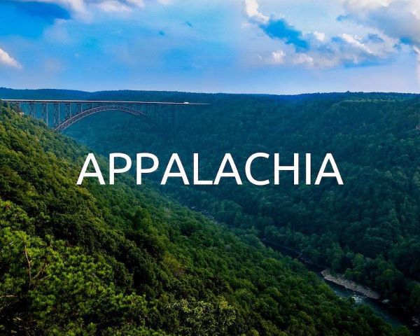 Appalachian mountains in blue and green with bridge in background and the word APPALACHIA in white text