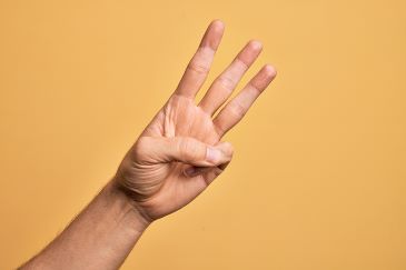 A hand is reaching into the photo frame and holding up three fingers on a yellow background.