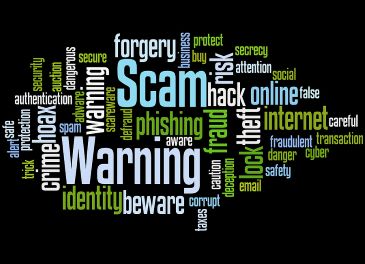 Scam Warning word cloud on black background